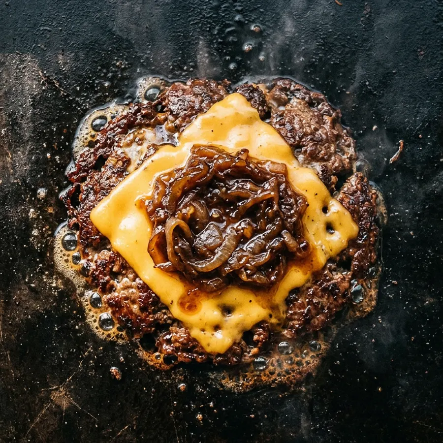 Photo d’illustration : cheddar fondu et oignons caramélisés sur le steak